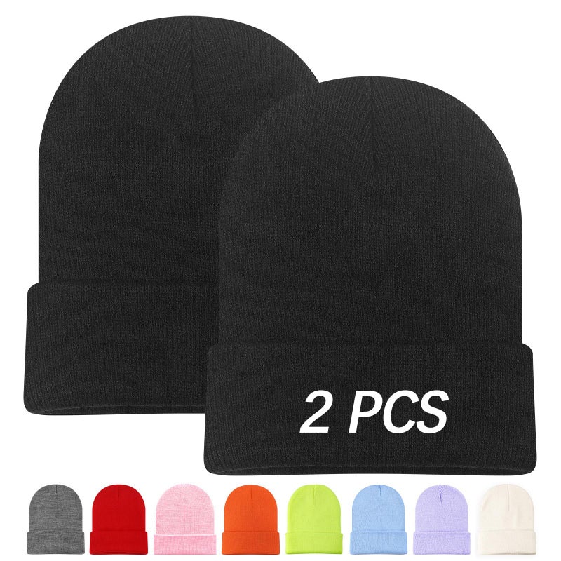 DASSNANE 2 PCS Black Beanies Hats Men Beanie for Women Winter Knitted Hat Stocking caps Multiple Colors Available, Elasticity Soft Ski Hat Warm Blank Black - Image 1