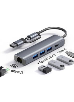 USB C Hub with 3 x USB 3.0, USB C and 1000M Gigabit Ethernet RJ45 Port, 5 in 2 USB Multiport Adapter Compatible with MacBook/Pad Pro/Dell/HP Laptop/Phones