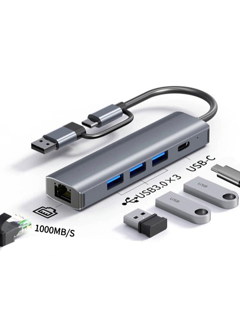 Generic USB C Hub with 3 x USB 3.0, USB C and 1000M Gigabit Ethernet RJ45 Port, 5 in 2 USB Multiport Adapter Compatible with MacBook/Pad Pro/Dell/HP Laptop/Phones  - Image 1
