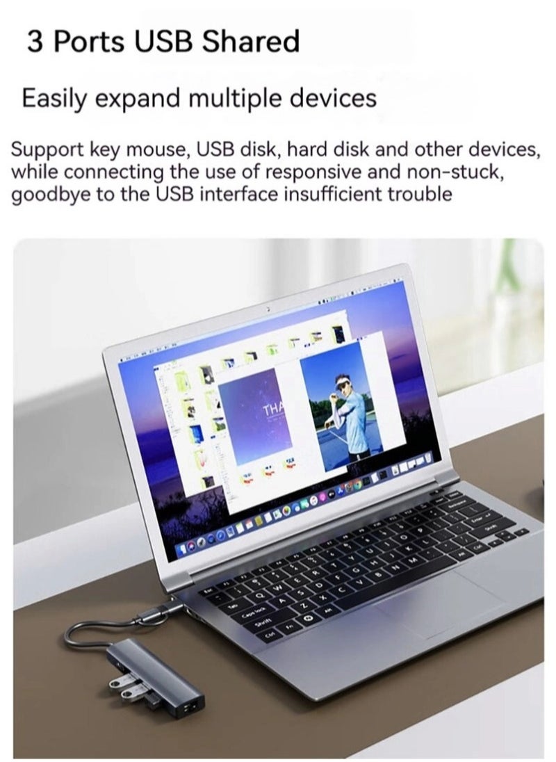 Generic - USB C Hub with 3 x USB 3.0, USB C and 1000M Gigabit Ethernet RJ45 Port, 5 in 2 USB Multiport Adapter Compatible with MacBook/Pad Pro/Dell/HP Laptop/Phones - Image 1