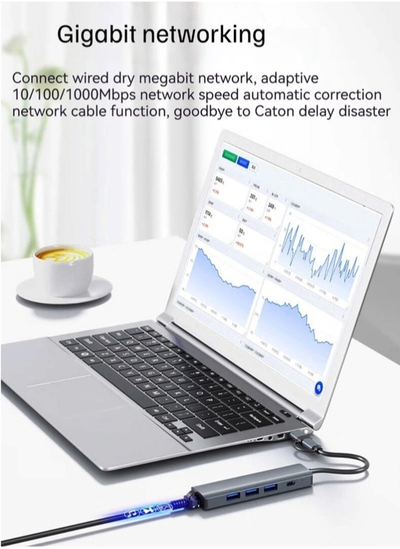 Generic - USB C Hub with 3 x USB 3.0, USB C and 1000M Gigabit Ethernet RJ45 Port, 5 in 2 USB Multiport Adapter Compatible with MacBook/Pad Pro/Dell/HP Laptop/Phones - Image 1
