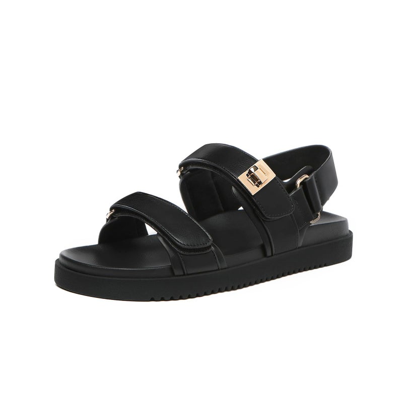 Rihero Women's Flat Sandals Comfort Adjustable Double Strap Slip on Leather Footbed Black Sandals with Back Strap Size 9 - Image 1