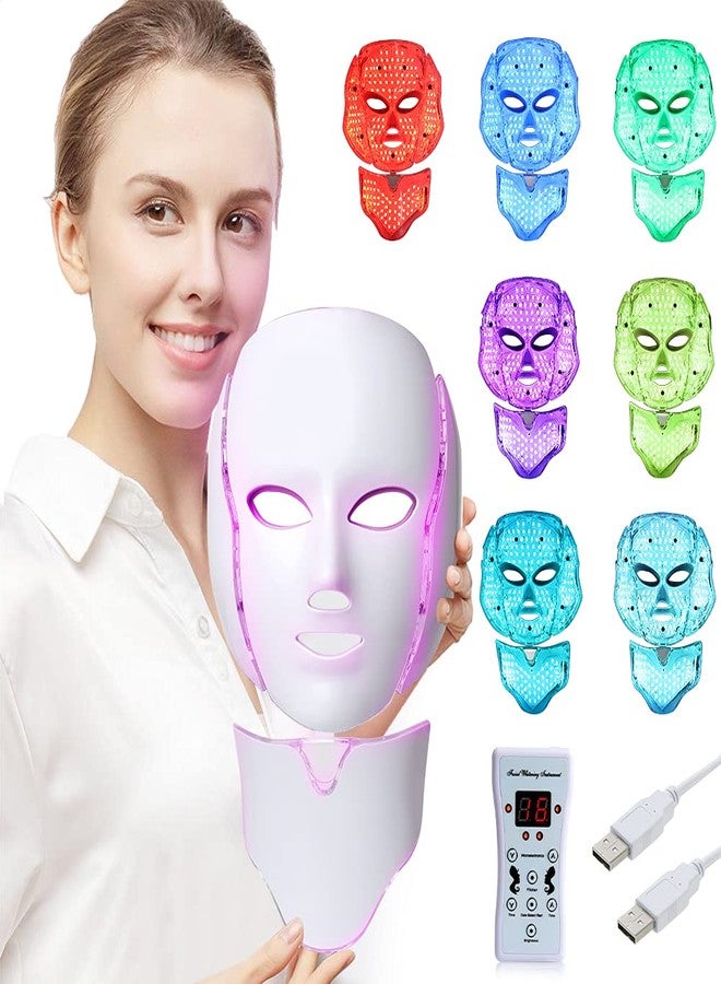 Foleto LED Face Mask Light Therapy - 7 Color Skin Rejuvenation Therapy LED Photon Mask Light Facial Skin Care with Neck Care Anti Aging Skin Tightening Wrinkles Toning Mask - Pack Of 1 - Image 1