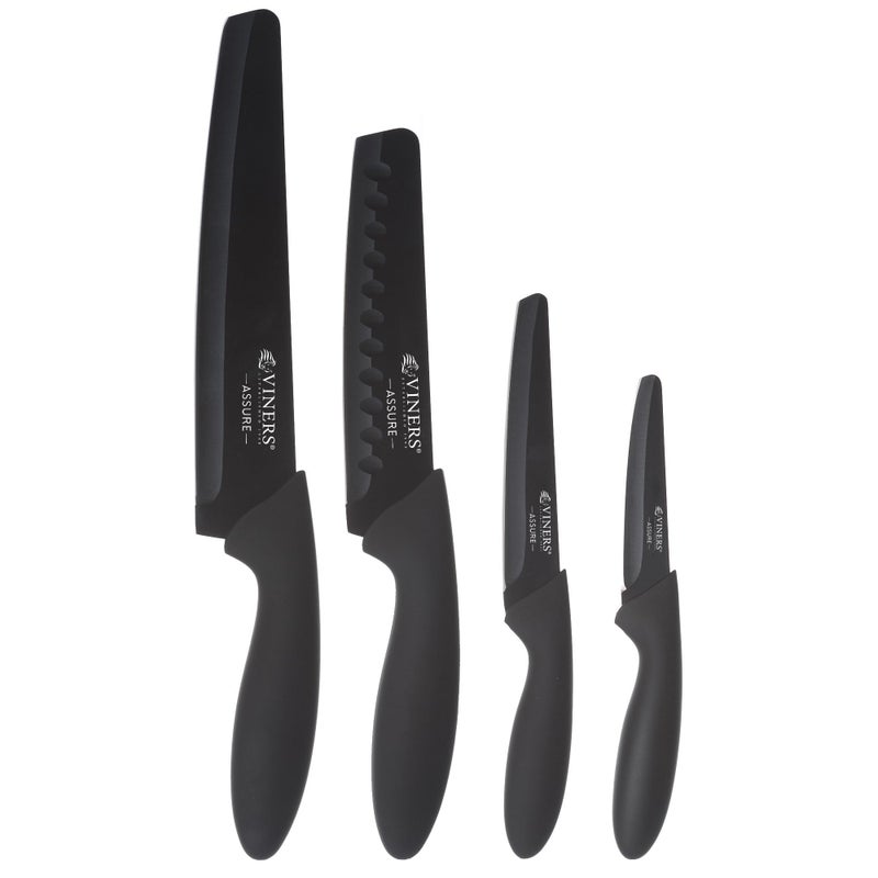 Viners Assure 4 Piece Knife Set Stainless Steel Blades with Squared Tips for Safety Soft Grip Handles NonStick Coating RustResistant Includes Chefs Santoku Utility  Paring Knives