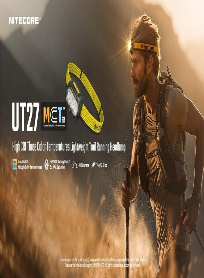 نايت كور مصباح رأس للجري Nitecore UT27 MCT بقوة 800 لومن، قابل لإعادة الشحن عبر منفذ USB، مزود بمصدر طاقة مزدوج وثلاث درجات حرارة لونية، ضوء أحمر، خفيف الوزن، مناسب للمشي لمسافات طويلة والتخييم، ملصق (قياسي). - Image 2