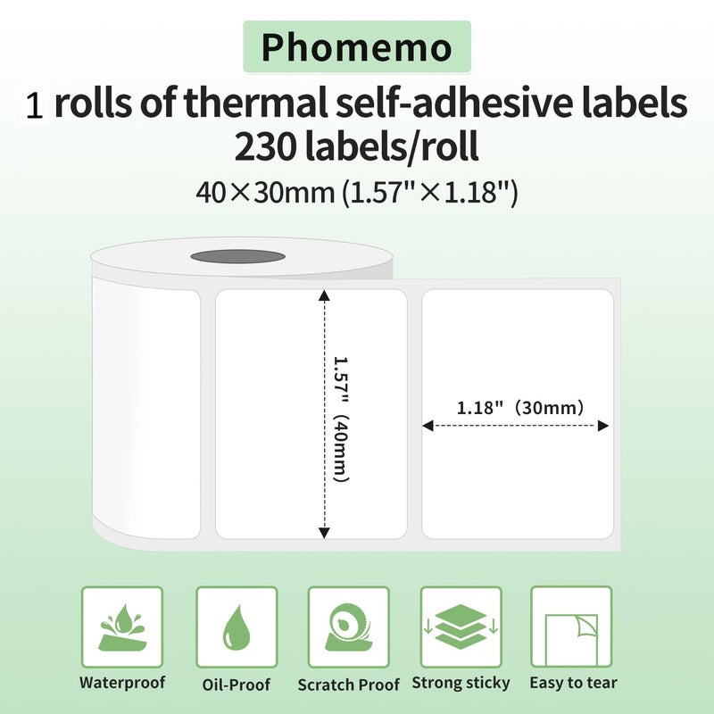 Phomemo Thermal Labels-for M110/M100/M220/M221/M108,1.57"x1.18"(40x30mm),Name Labels for Kids/School, 230 Labels/Roll, for Barcode/Address/Mailing/Logo/Business/Home - Image 2
