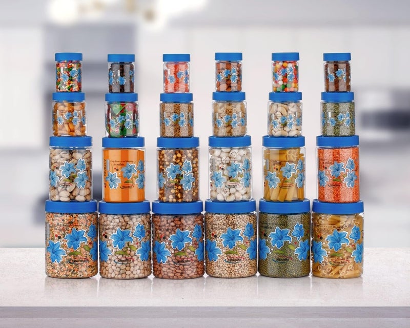 Qshare Flower Printed Storage Containers - Plastic Storage Organiser Jar Set for Kitchen with Airtight Lid Spoon, 1200ml, 650ml, 350ml & 250ml Dabba for Snacks, Grains Dry Fruits (Blue, Set Of 20pc) - Image 5