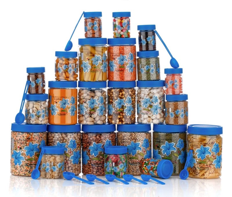 Qshare Flower Printed Storage Containers - Plastic Storage Organiser Jar Set for Kitchen with Airtight Lid Spoon, 1200ml, 650ml, 350ml & 250ml Dabba for Snacks, Grains Dry Fruits (Blue, Set Of 20pc) - Image 3