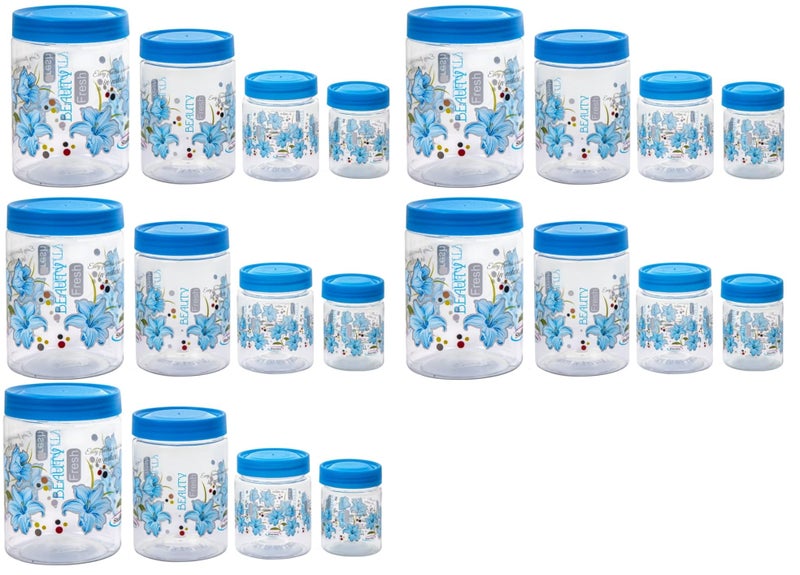 Qshare Flower Printed Storage Containers - Plastic Storage Organiser Jar Set for Kitchen with Airtight Lid Spoon, 1200ml, 650ml, 350ml & 250ml Dabba for Snacks, Grains Dry Fruits (Blue, Set Of 20pc) - Image 1