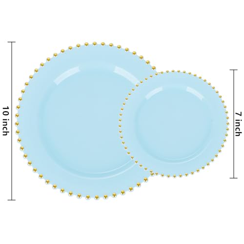 ejonirinjonir EI 60pcs Blue Plastic Plates,Dispoable Heavy Duty Plastic Plates with Gold Rim,Baby Blue 10" Dinner & 7" Dessert Plate,Fancy Elegant Plate for Party,Birthday,Afternoon Tea - Image 2