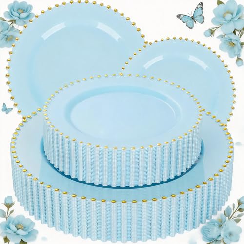 ejonirinjonir EI 60pcs Blue Plastic Plates,Dispoable Heavy Duty Plastic Plates with Gold Rim,Baby Blue 10" Dinner & 7" Dessert Plate,Fancy Elegant Plate for Party,Birthday,Afternoon Tea - Image 1