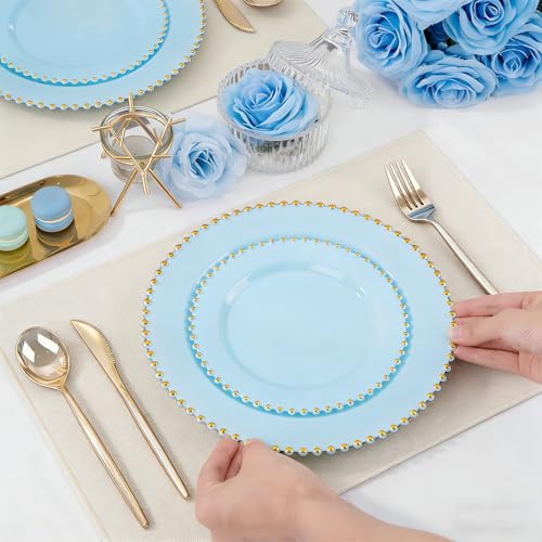 ejonirinjonir EI 60pcs Blue Plastic Plates,Dispoable Heavy Duty Plastic Plates with Gold Rim,Baby Blue 10" Dinner & 7" Dessert Plate,Fancy Elegant Plate for Party,Birthday,Afternoon Tea - Image 5