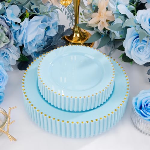ejonirinjonir EI 60pcs Blue Plastic Plates,Dispoable Heavy Duty Plastic Plates with Gold Rim,Baby Blue 10" Dinner & 7" Dessert Plate,Fancy Elegant Plate for Party,Birthday,Afternoon Tea - Image 3