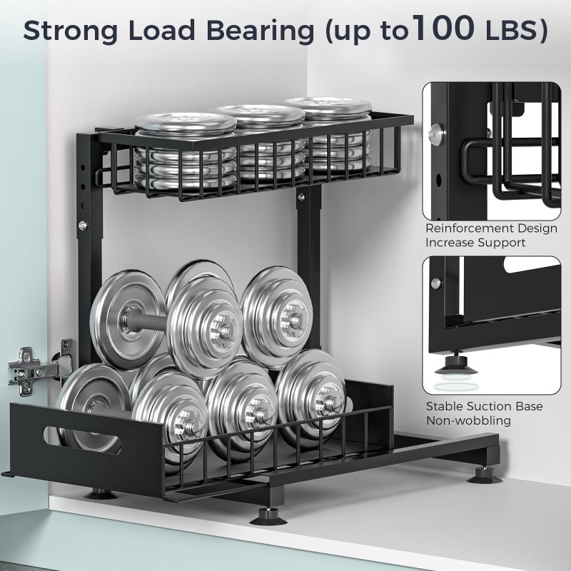 Saydear L-Shaped Under Sink Organizer, 2 Pack 2-Tier Pull Out Metal Kitchen Cabinet Organizer with Sliding Storage Drawer, Height Adjustable Heavy Duty Under Bathroom Sink Storage for Cleaning Supplies - Image 5