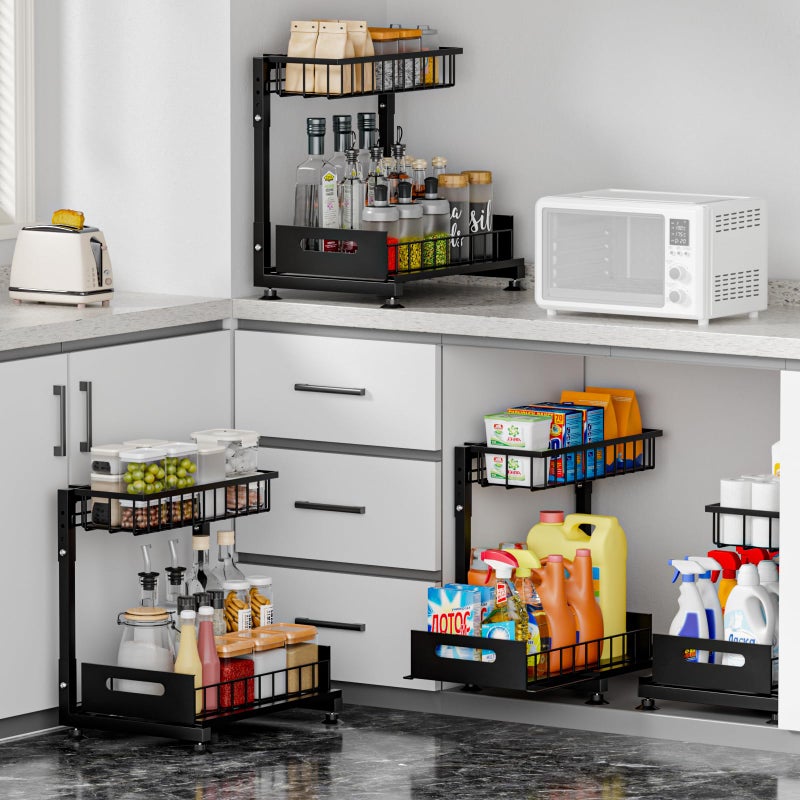 Saydear L-Shaped Under Sink Organizer, 2 Pack 2-Tier Pull Out Metal Kitchen Cabinet Organizer with Sliding Storage Drawer, Height Adjustable Heavy Duty Under Bathroom Sink Storage for Cleaning Supplies - Image 3