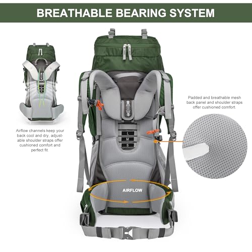 MOUNTAINTOP 70L Internal Frame Backpack Camping Backpacking Hiking Backpack for Men Women with Rain Cover,Dark Green - Image 5