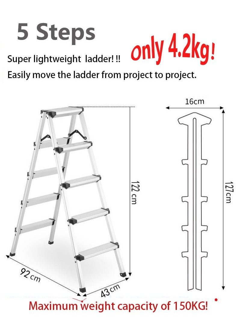 SUNRISE - Step Ladder Aluminum Folding Step 5 Steps Stool With Anti Slip Sturdy And Wide Pedal Portable Multi-Use Stepladder For Home And Kitchen Use Space Saving Lightweight Aluminum - Image 1