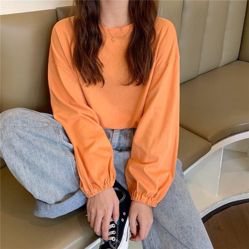 Generic Womens 2023 New Autumn Korean Style Ins Loose Thin Pullover Student Slimming Sweatshirt Lantern Sleeve Long Sleeve T-shirt Orange 