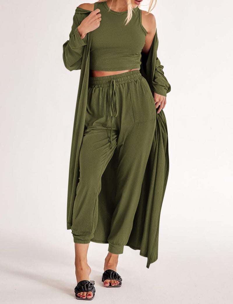 KIRUNDO 3 Piece Lounge Sets for Women Airport Travel Vacation Outfits Spring Cardigan Matching Sleeveless Top Jogger Pants(Army Green, Medium) - Image 3