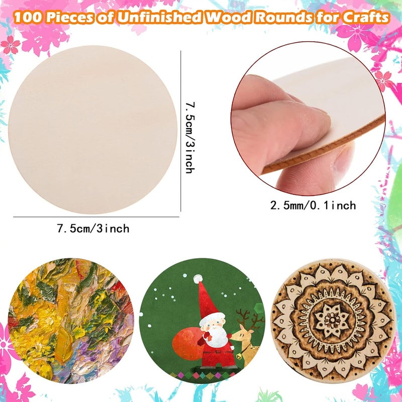 AWIZOM 100 Pcs 3 Inch Wood Circles for Crafts Unfinished Wood Circles Natural Round Wooden Disc Cutouts Blank Round Wood Circle Slices for DIY Crafts Painting Engraving Coasters Home Decor - Image 2