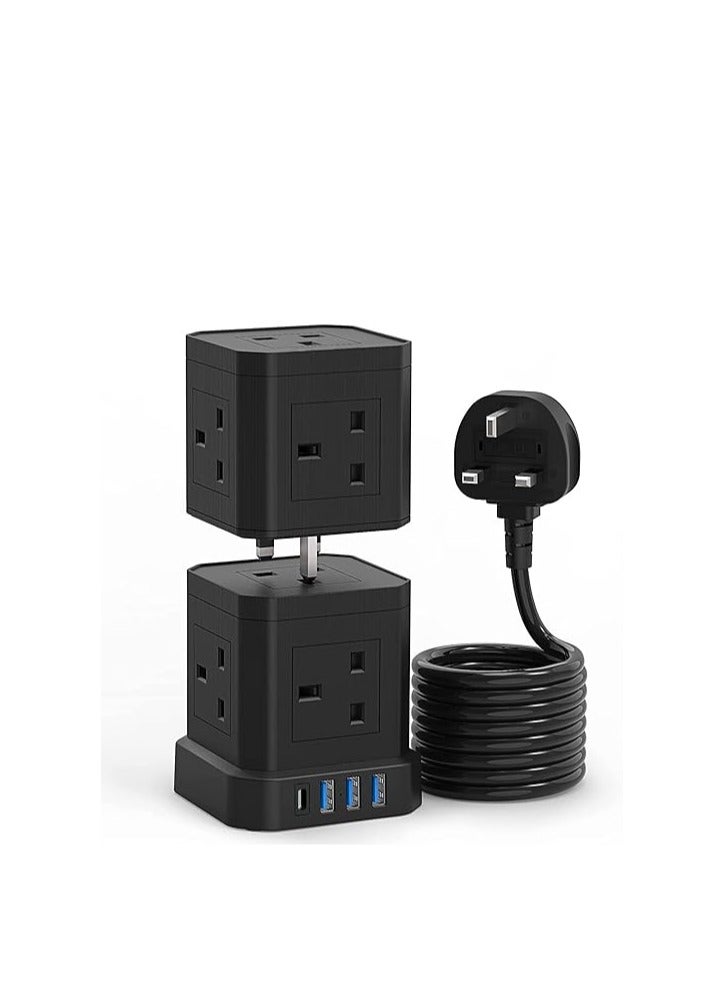 Broadonyx | 14-in-1 Tower Extension Socket with 10 Outlets + 4 USB Ports – Smart Fast Charging, Overload Protection, Space-Saving Cube Power Strip for Home, Office, Majlis – 3.1A USB, Black - Image 1