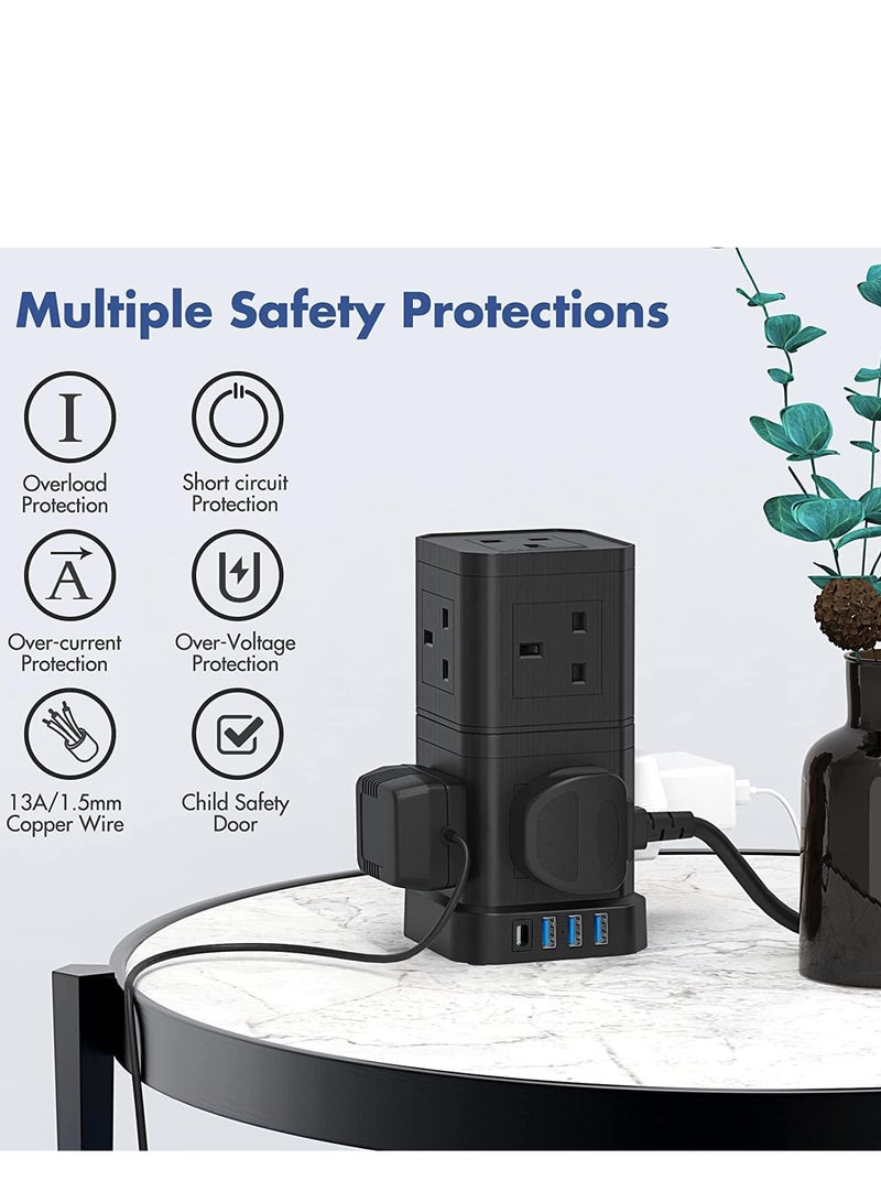 Broadonyx | 14-in-1 Tower Extension Socket with 10 Outlets + 4 USB Ports – Smart Fast Charging, Overload Protection, Space-Saving Cube Power Strip for Home, Office, Majlis – 3.1A USB, Black - Image 2