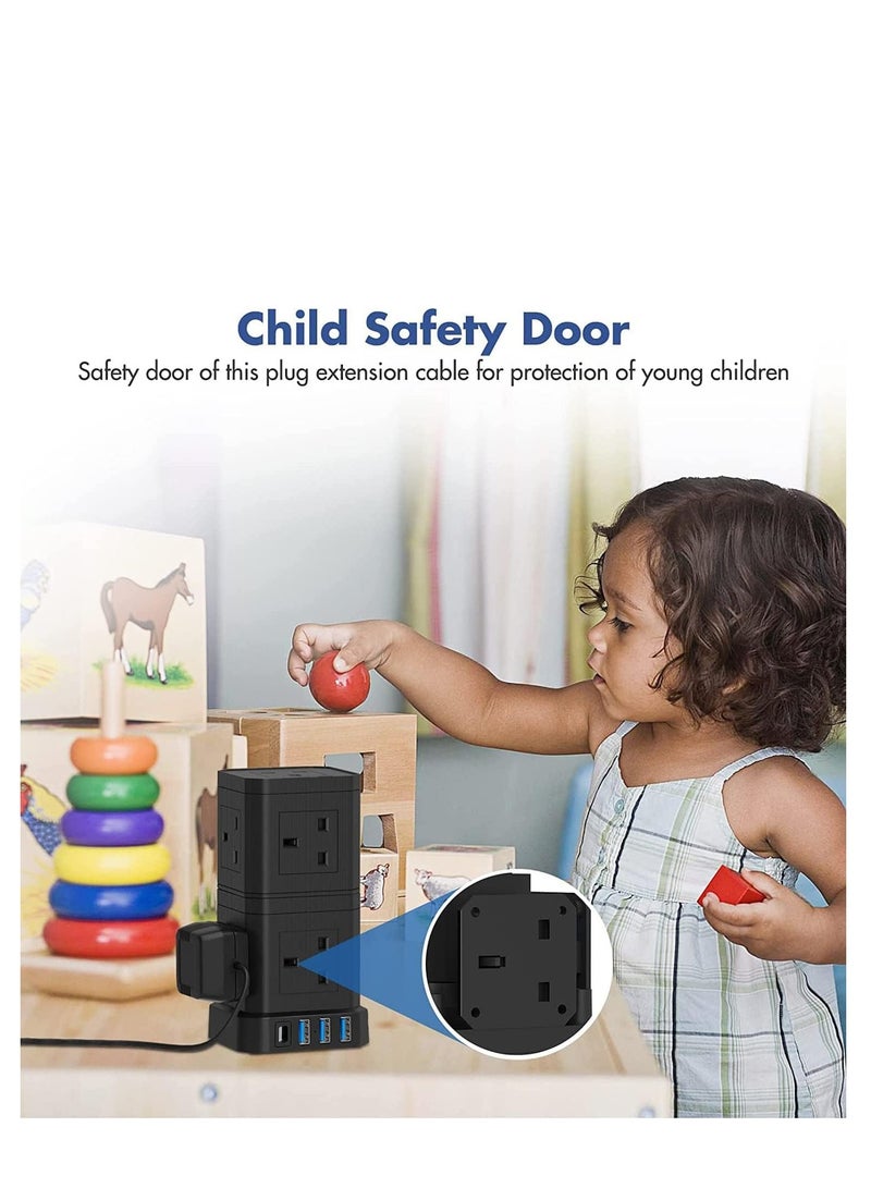 Broadonyx | 14-in-1 Tower Extension Socket with 10 Outlets + 4 USB Ports – Smart Fast Charging, Overload Protection, Space-Saving Cube Power Strip for Home, Office, Majlis – 3.1A USB, Black - Image 3