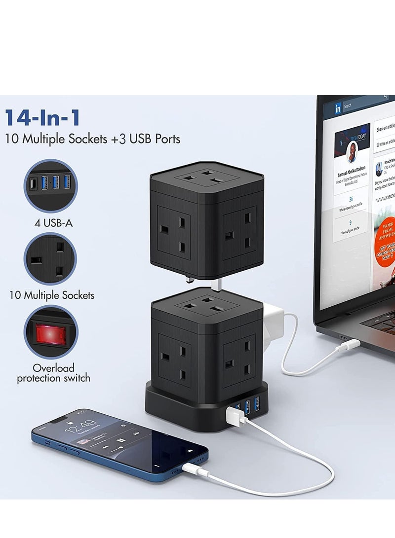 Broadonyx | 14-in-1 Tower Extension Socket with 10 Outlets + 4 USB Ports – Smart Fast Charging, Overload Protection, Space-Saving Cube Power Strip for Home, Office, Majlis – 3.1A USB, Black - Image 4