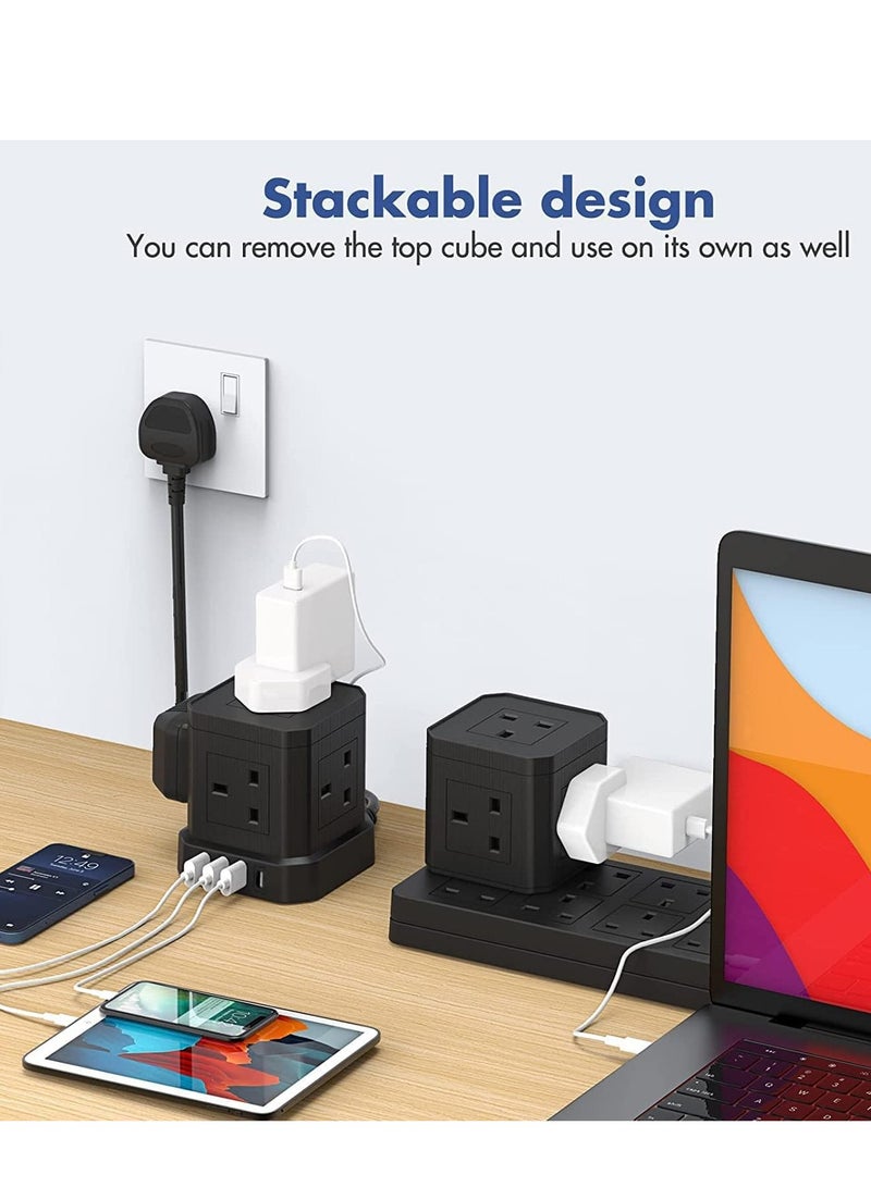 Broadonyx | 14-in-1 Tower Extension Socket with 10 Outlets + 4 USB Ports – Smart Fast Charging, Overload Protection, Space-Saving Cube Power Strip for Home, Office, Majlis – 3.1A USB, Black - Image 5
