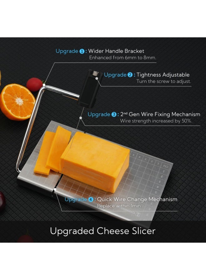 NANAO Replaceable Wire Cheese Slicer with Board and Measuring Grids,Tightness Adjustable Cheese Slicer, Stainless Steel Metal Cheese Cutter for Block Cheese, Dishwasher Safe, with 5 Extra Wires - Image 2