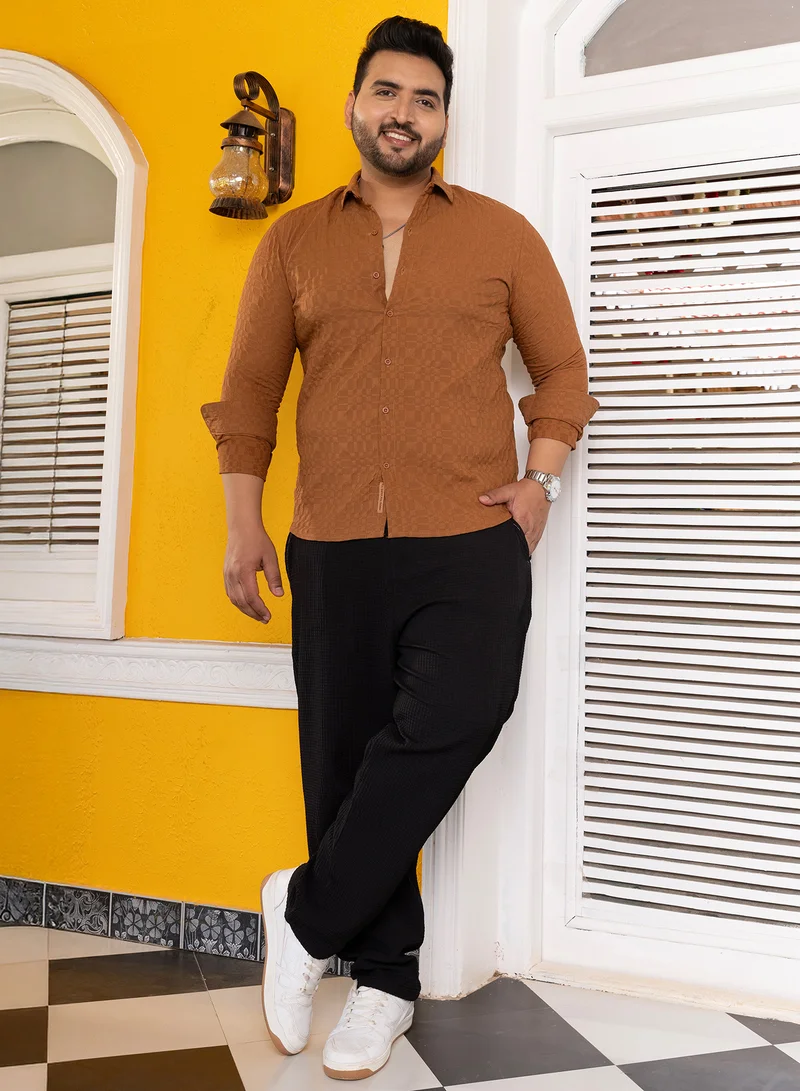Instafab Plus  Instafab Plus Men's Sienna Brown Tactile-Gridora Shirt For Casual Wear | Spread Collar | Long Cuffed Sleeves | Button Closure | Plus Size Shirt Crafted With Comfort Fit For Everyday Wear for Men | Best Price UAE