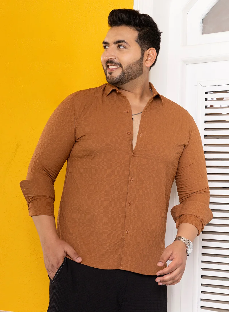 Instafab Plus  Instafab Plus Men's Sienna Brown Tactile-Gridora Shirt For Casual Wear | Spread Collar | Long Cuffed Sleeves | Button Closure | Plus Size Shirt Crafted With Comfort Fit For Everyday Wear for Men | Best Price UAE