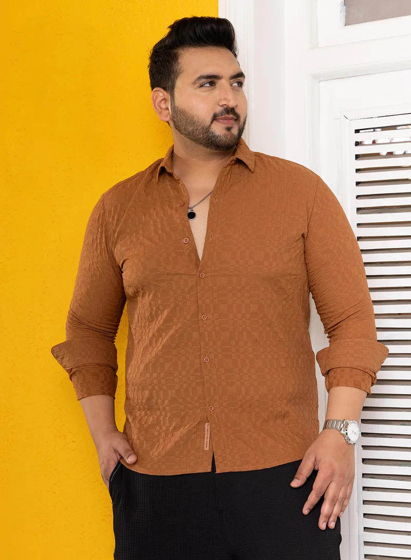 Instafab Plus Instafab Plus Men's Sienna Brown Tactile-Gridora Shirt For Casual Wear | Spread Collar | Long Cuffed Sleeves | Button Closure | Plus Size Shirt Crafted With Comfort Fit For Everyday Wear