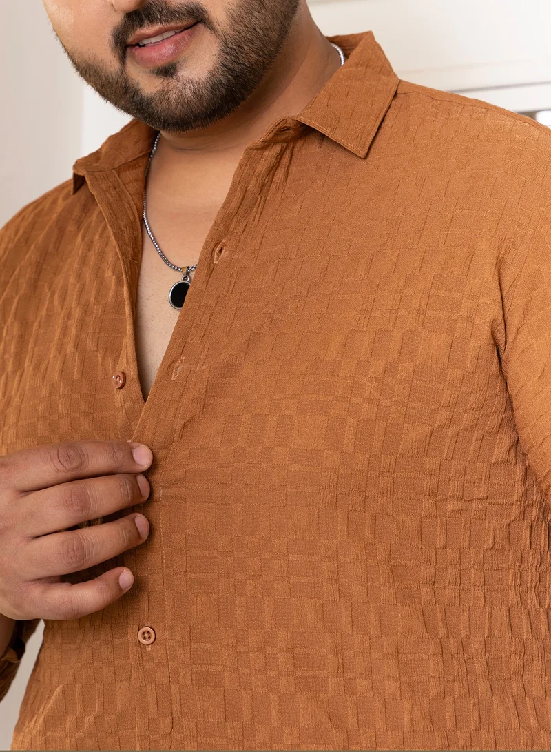 Instafab Plus  Instafab Plus Men's Sienna Brown Tactile-Gridora Shirt For Casual Wear | Spread Collar | Long Cuffed Sleeves | Button Closure | Plus Size Shirt Crafted With Comfort Fit For Everyday Wear for Men | Best Price UAE