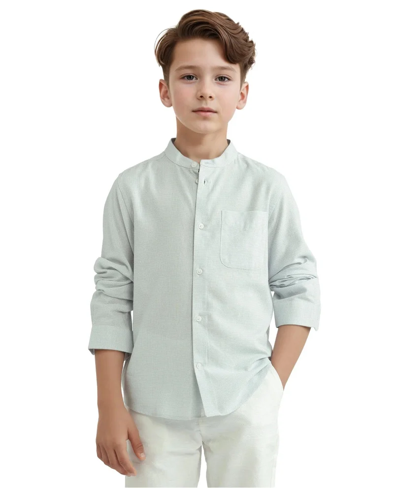 رير ونز Rare Ones Kids Lynx Light Blue Cotton Blend Long Sleeve Mandarin Collar Striped Shirt