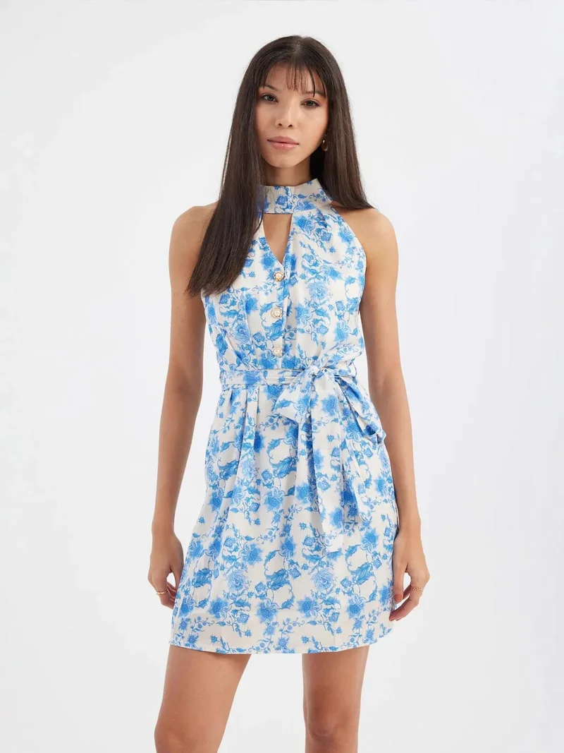 HICCUP Floral Halter Neck Cut Out Buttoned Mini Dress with a Belt Detail