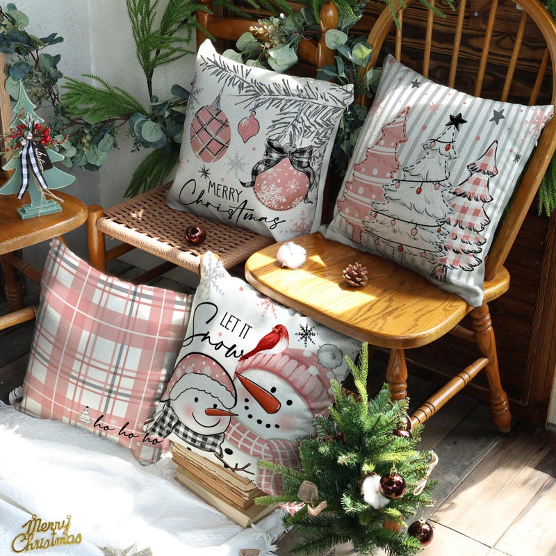 LITIVY Christmas Pillow Covers Set of 4 for Xmas Decorative Pillowcase Winter Holiday Throw Cushion Case for Home Christmas Decor (Snowman Xmas Tree) (Pink  18 x18) - Image 3