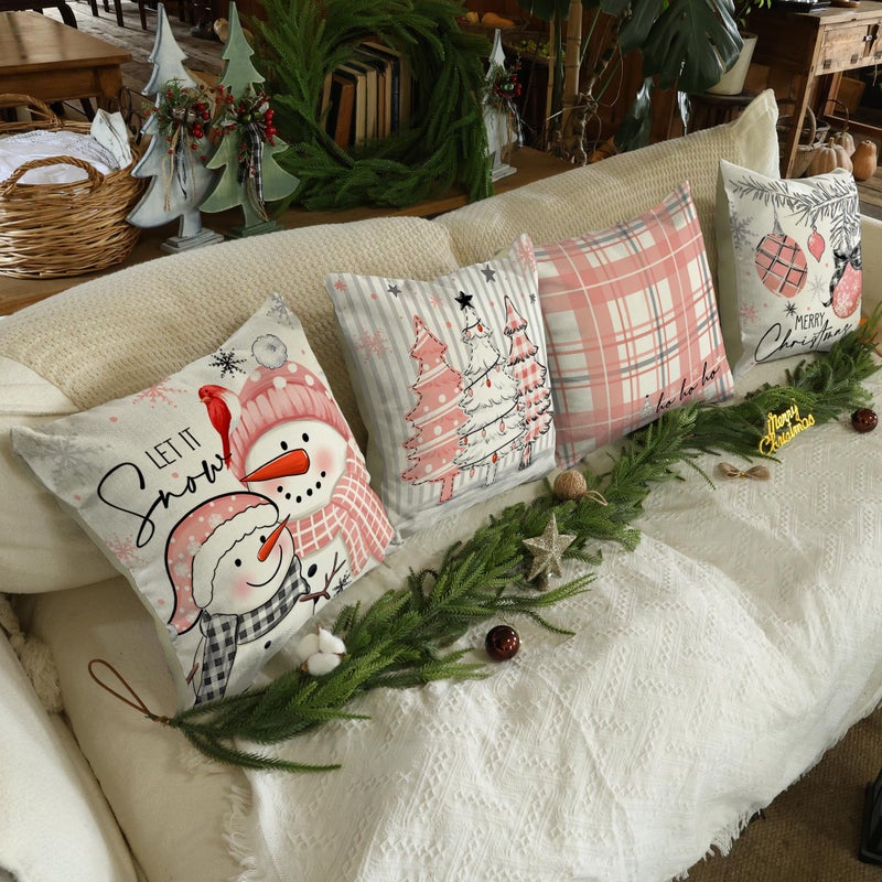 LITIVY Christmas Pillow Covers Set of 4 for Xmas Decorative Pillowcase Winter Holiday Throw Cushion Case for Home Christmas Decor (Snowman Xmas Tree) (Pink  18 x18) - Image 2