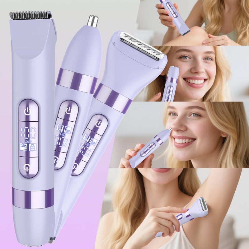 4-in-1 Women's Electric Razor, Dual-Head Body Hair Trimmer for Women, IPX7 Waterproof Rechargeable Bikini Trimmer & Facial Hair Remover for Legs, Armpits, Face, Nose, Eyebrows, Purple - Image 4