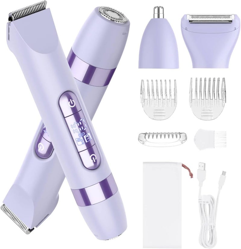 4-in-1 Women's Electric Razor, Dual-Head Body Hair Trimmer for Women, IPX7 Waterproof Rechargeable Bikini Trimmer & Facial Hair Remover for Legs, Armpits, Face, Nose, Eyebrows, Purple - Image 1