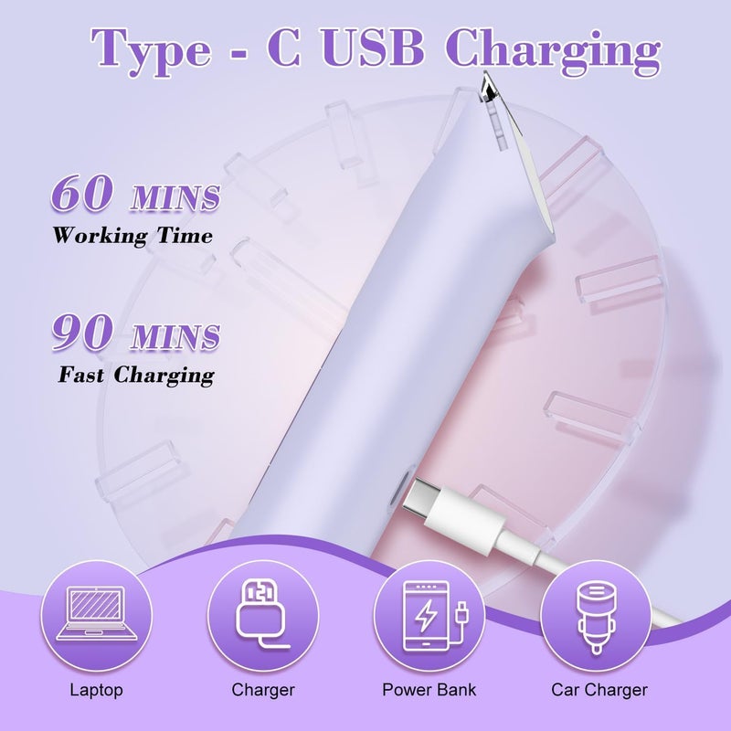 4-in-1 Women's Electric Razor, Dual-Head Body Hair Trimmer for Women, IPX7 Waterproof Rechargeable Bikini Trimmer & Facial Hair Remover for Legs, Armpits, Face, Nose, Eyebrows, Purple - Image 3