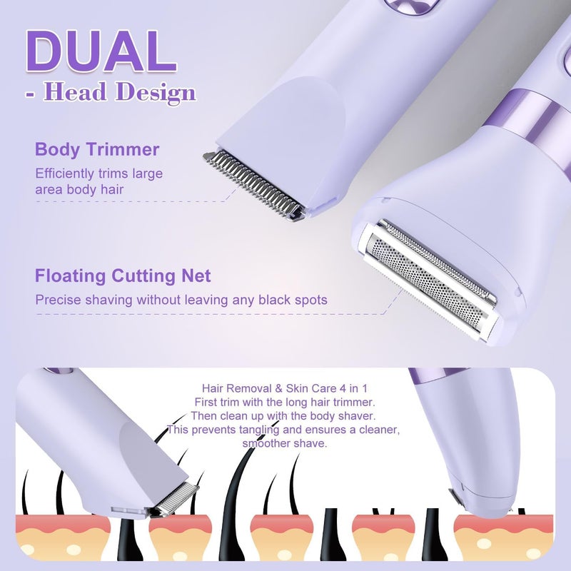 4-in-1 Women's Electric Razor, Dual-Head Body Hair Trimmer for Women, IPX7 Waterproof Rechargeable Bikini Trimmer & Facial Hair Remover for Legs, Armpits, Face, Nose, Eyebrows, Purple - Image 5
