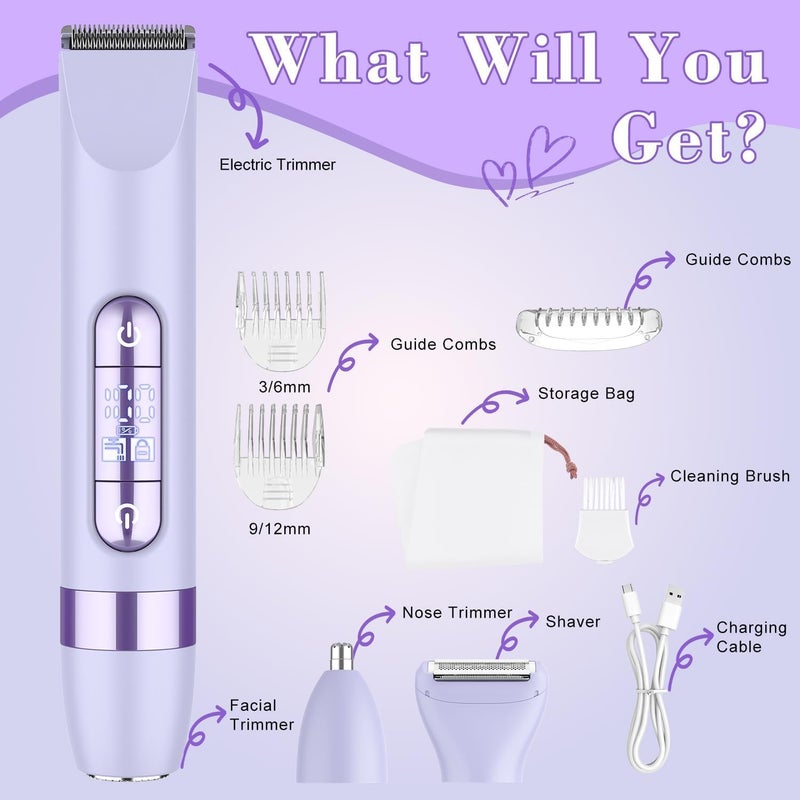 4-in-1 Women's Electric Razor, Dual-Head Body Hair Trimmer for Women, IPX7 Waterproof Rechargeable Bikini Trimmer & Facial Hair Remover for Legs, Armpits, Face, Nose, Eyebrows, Purple - Image 2