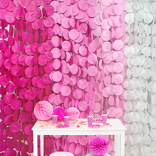 pinkblume 205Ft Hot Pink Party Decorations Big Polka Dots Backdrop Garland Rose Pink Circle Dots Tissue Paper Hanging Curtain Streamer for Bachelorette Birthday Bridal Shower Wedding Engagement Party Supplies - Image 1
