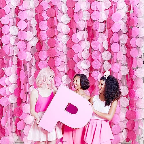 pinkblume 205Ft Hot Pink Party Decorations Big Polka Dots Backdrop Garland Rose Pink Circle Dots Tissue Paper Hanging Curtain Streamer for Bachelorette Birthday Bridal Shower Wedding Engagement Party Supplies - Image 4