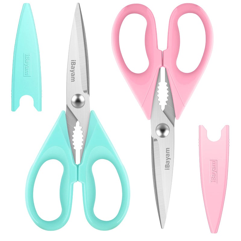iBayam Kitchen Scissors - All Purpose Heavy Duty Meat Scissors, Poultry Shears, Dishwasher Safe, Stainless Steel, 2-Pack, Pastel Pink, Mint Blue - Image 1