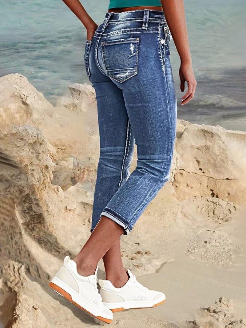 Flamingals Women's Denim Capri Jeans for Women Mid Rise Skinny Capri Pants Teal Mid Blue M - Image 4