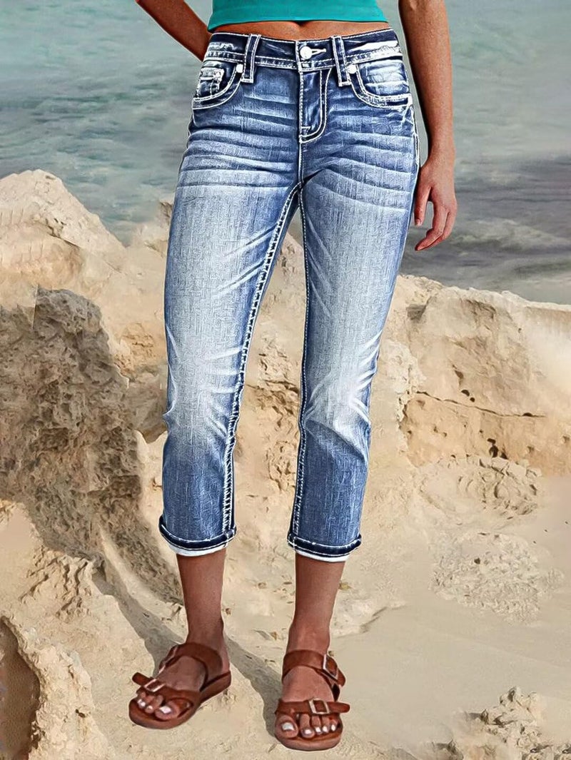 Flamingals Women's Denim Capri Jeans for Women Mid Rise Skinny Capri Pants Teal Mid Blue M - Image 3