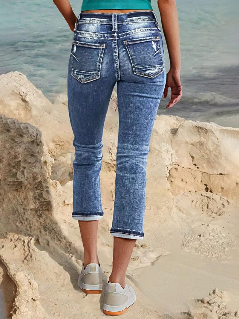 Flamingals Women's Denim Capri Jeans for Women Mid Rise Skinny Capri Pants Teal Mid Blue M - Image 5
