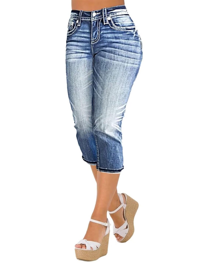 Flamingals Women's Denim Capri Jeans for Women Mid Rise Skinny Capri Pants Teal Mid Blue M - Image 2